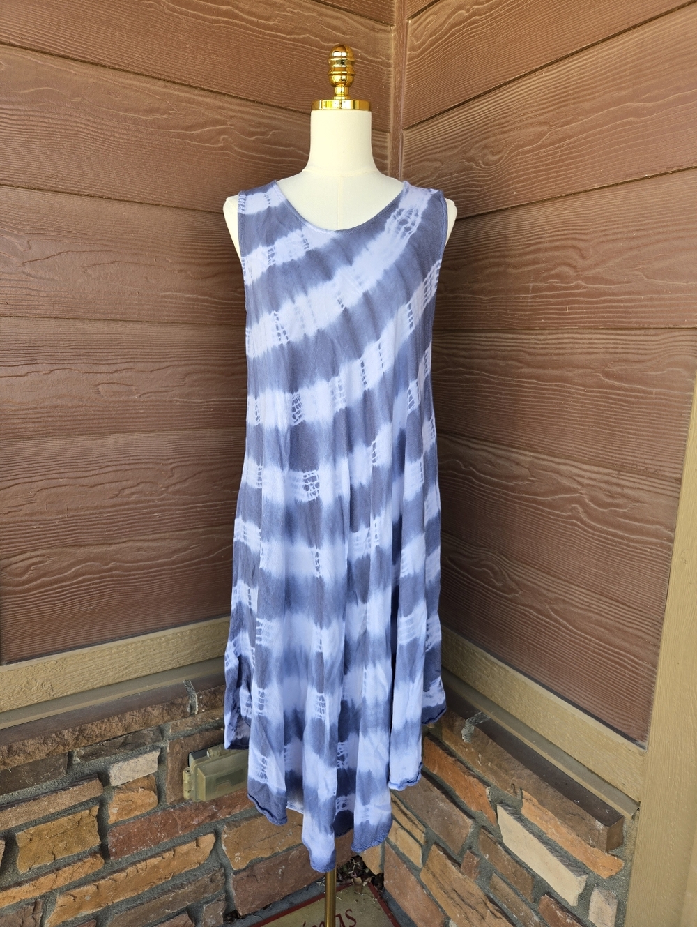 Island Beach Grayish Blue Boho Tie-Dye Rayon Summer Sun Dress Women's Size S/M